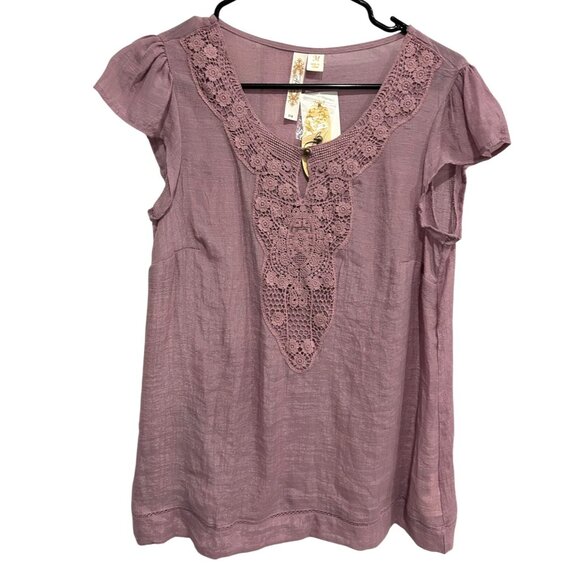 Adiva NWT Womens Mauve Short Sleeve Top Crochet Lace Detail Sz Medium - Picture 1 of 10